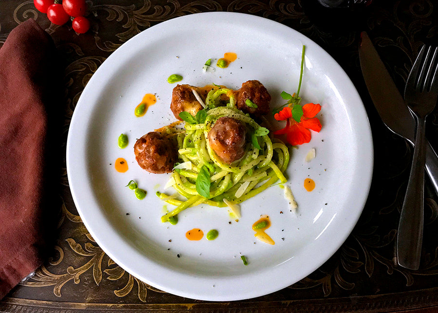 Pizza Meatballs with Pesto Pasta