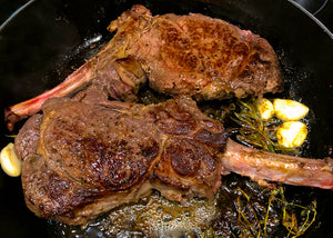 Bone In Ribeye Steaks, Searing in Skillet with Herbs & Butter