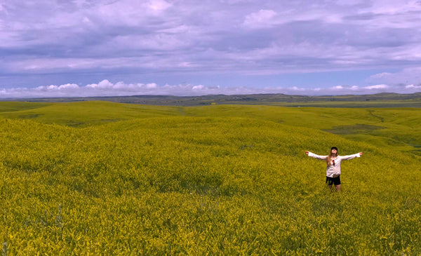 Woman standing in field of sweet clover with arms outstretched