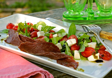 Buffalo Bacon Caprese Salad with Sweet Basil Vinaigrette 