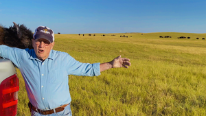dan o'brien standing on prairie with buffalo herd in the background and a buffalo head behind him
