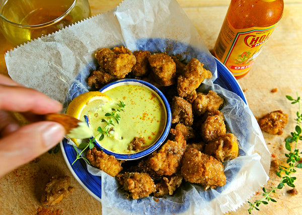 Bison Bull testicles, deep fried with sauce