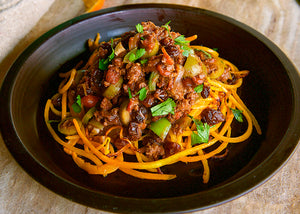 Bison Picadillo on Sweet Potato Noodles
