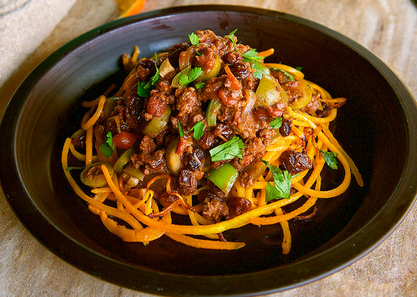Bison Picadillo on Sweet Potato Noodles