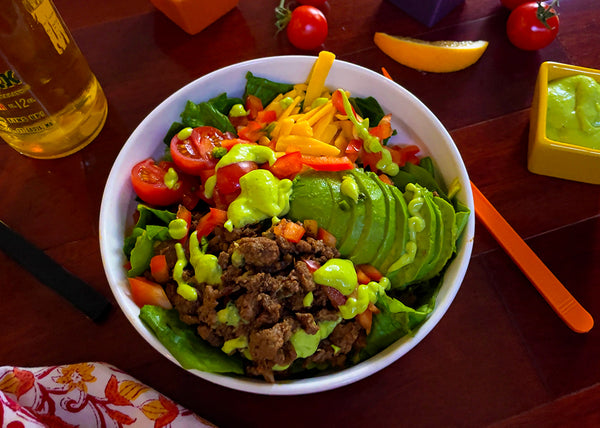 Ground Bison Taco Salad with Avocado & tomatoes