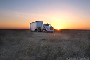 Mobile harvest unit in prairie grass field at sunrise