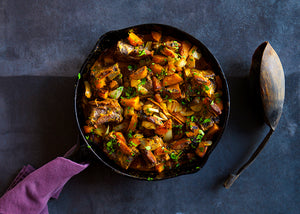 Bison Short Ribs with Carrots & Curry in Skillet