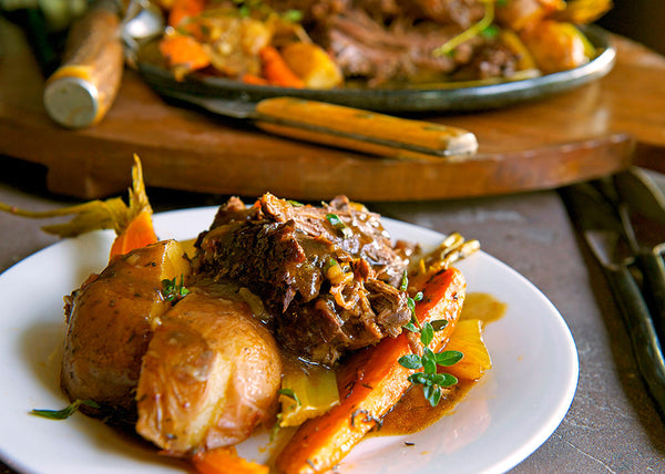 Bison Pot Roast - Braised Chuck roast with au jus, potatoes and carrots