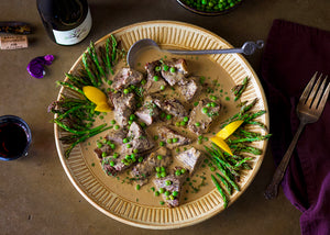 Bison Chuck Roast Braised in Milk Gravy with Asparagus