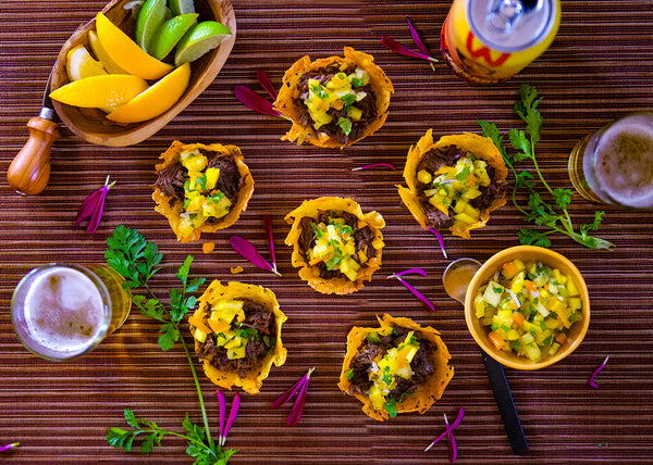 Pulled Jerk bison Roast in Cheese Cups with Salsa
