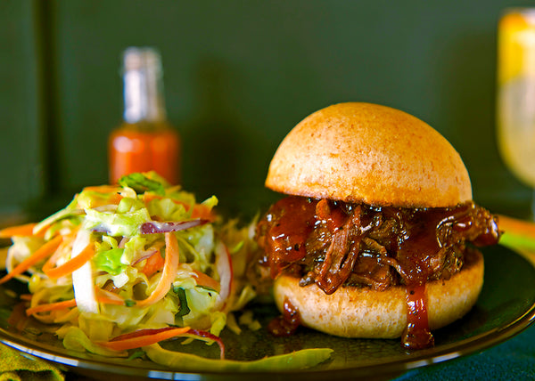 Pulled Bison Chuck roast BBQ sandwich with coleslaw