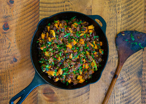 Bison Chorizo Hash with Yams in a skillet