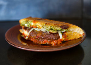 Bison Italian Sausage Sub Sandwich with tomato Sauce