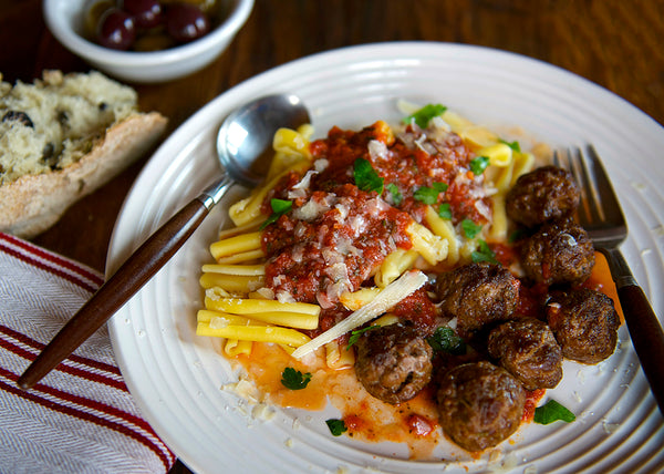 Bison Meatballs on Pasta with Red Sauce Pasta alla Carrettiera