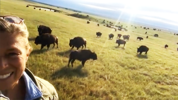 Jill smiling in front of bison herd on the prairie
