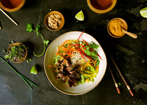 Bison Steak Bolgogi Style in bowl with vegetables & rice noodles