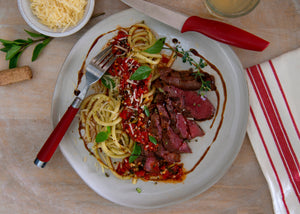 Grilled Bison Steaks with Cherry Bomb Tomato Sauce