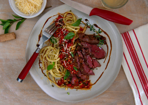 Grilled Bison Steaks with Cherry Bomb Tomato Sauce