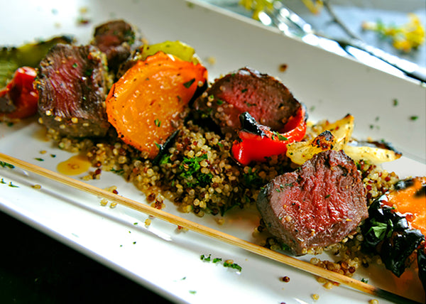 Bison Tenderloin Tip Kabobs with Vegetables