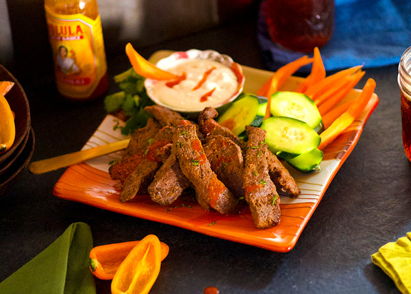 Bison Steak Strips prepared Chislic Style with Veggies & Dip