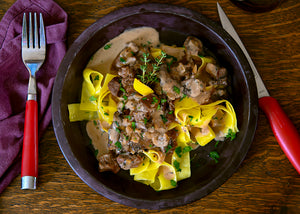 Bison Stew meat Stroganoff over Buttered Egg Noodles