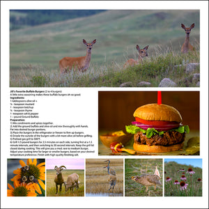 Inside calendar page with recipe and photo for a bison burger,  and photos of wildlife and flowers