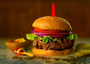 Bison Burger with lettuce tomato and onion 