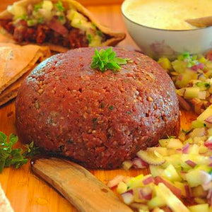 100% grass-fed and field harvested ground bison sirloin prepared as a kibbeh