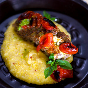 100% grass-fed and field harvested ground bison meatloaf with pesto and blistered tomatoes