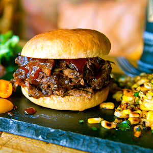 100% grass-fed and field harvested buffalo brisket sandwich