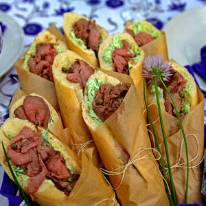 100% grass-fed and field harvested roast bison sandwiches with chive cream cheese