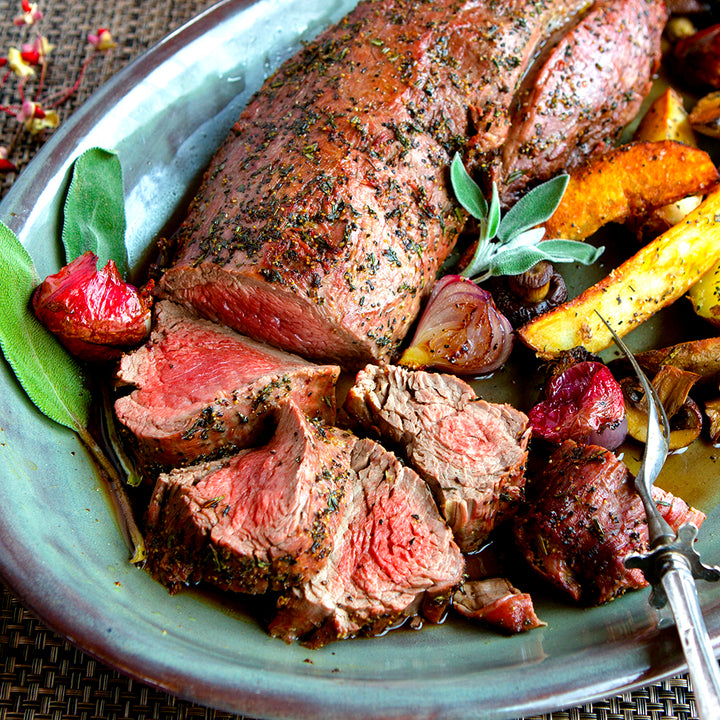 100% grass-fed and field harvested bison tenderloin roast with vegetables