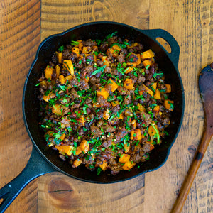 100% grass fed and field harvested bison chorizo hash with black beans and sweet potatoes