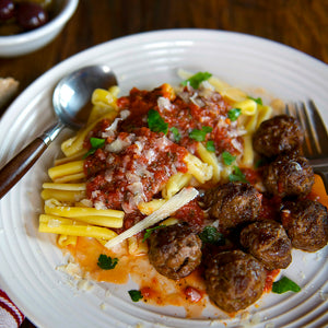 100% grass-fed and field harvested bison italian sausage meatballs with pasta