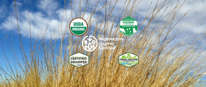 Grass with various certification logos against a blue sky