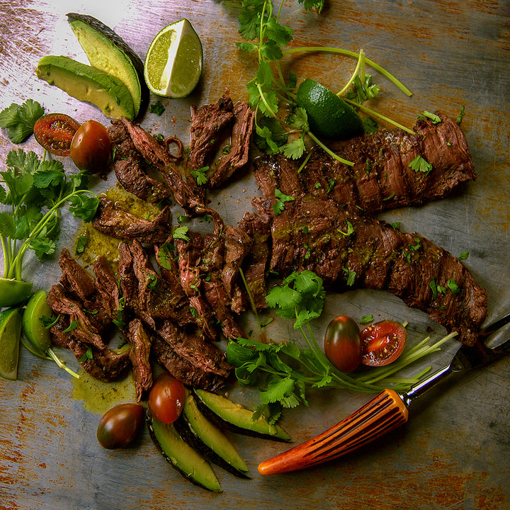 100% grass-fed and field harvested bison skirt steak grilled with cilantro and lime