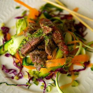 Bison Steak Strips, Seared with Vegetables and Cilantro 