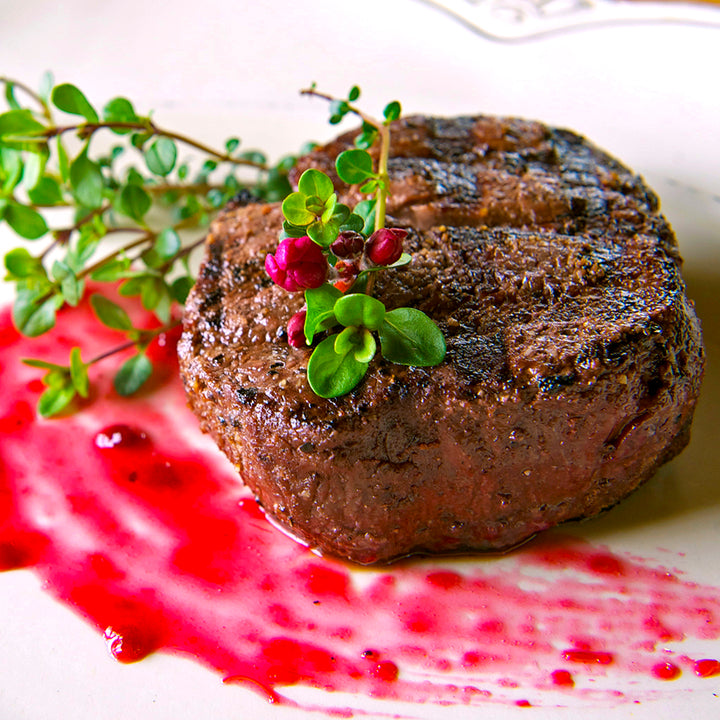 100% grass-fed and field harvested bison tenderloin filet with rhubarb sauce