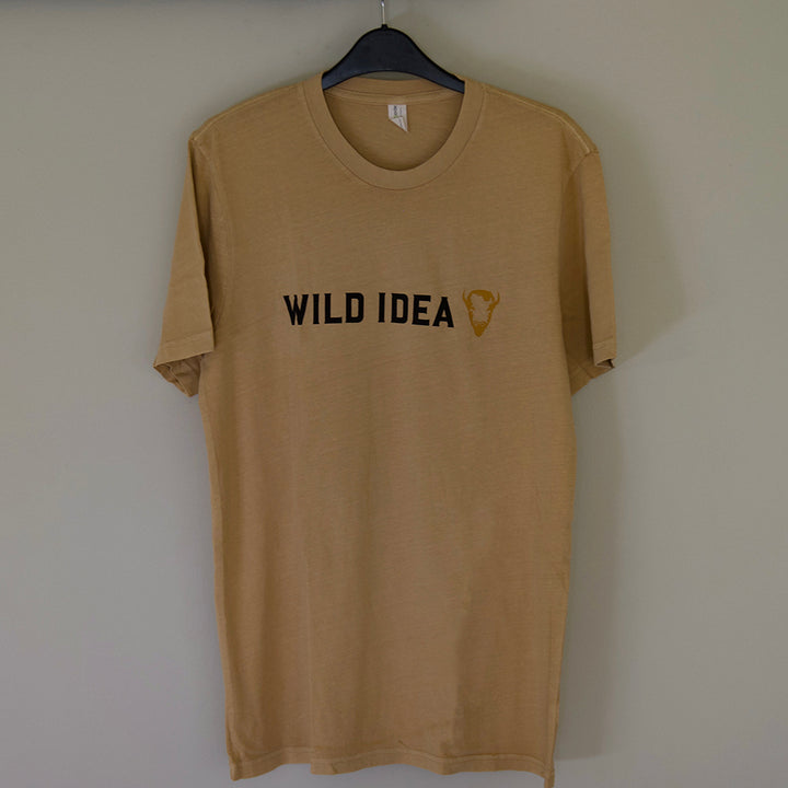 An organic cotton Wild Idea Regenerative Ranching T-Shirt with the brand name Wild Idea Buffalo on it, featuring a water-based print.